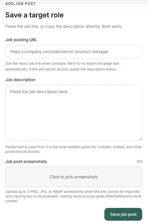 Screenshot of the job post form in MatchlyResume
