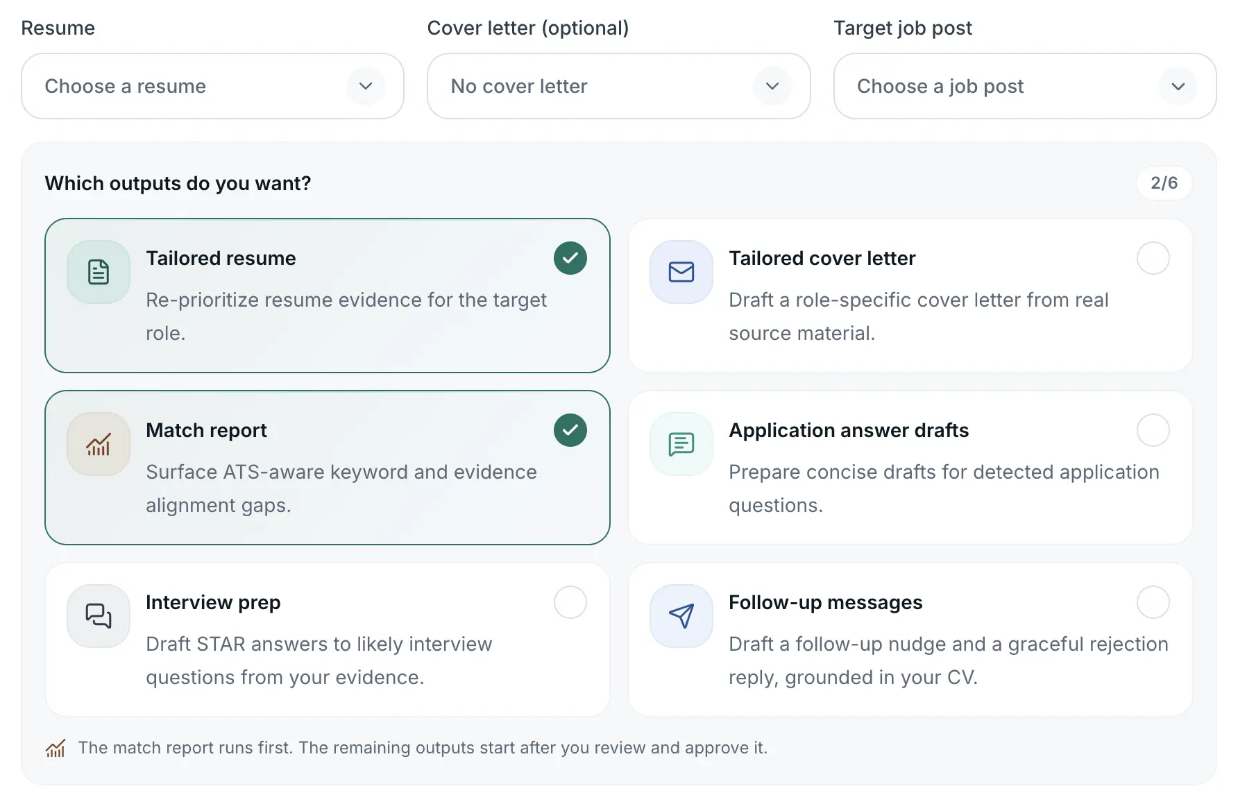 Screenshot of the output selection screen in MatchlyResume